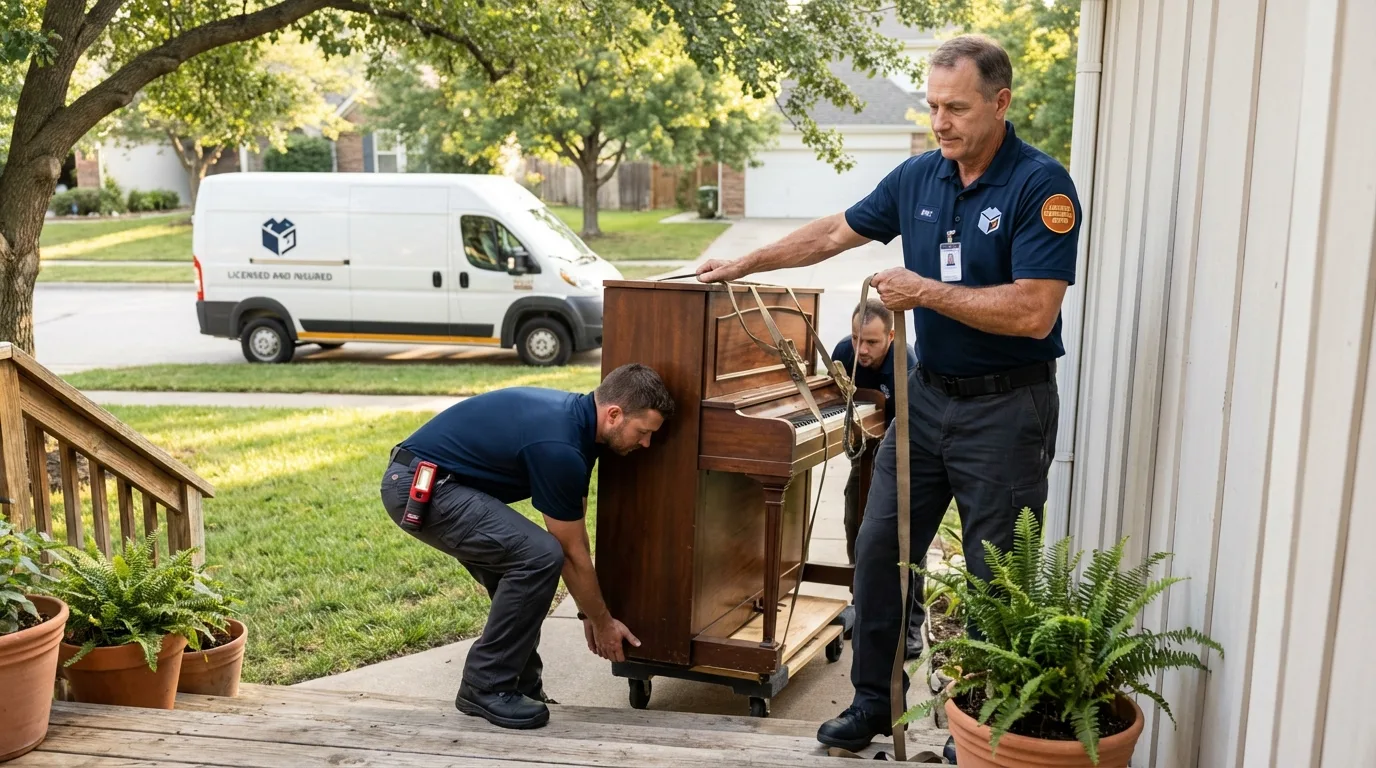 Licensed piano movers securing grand piano in La Plata, MO