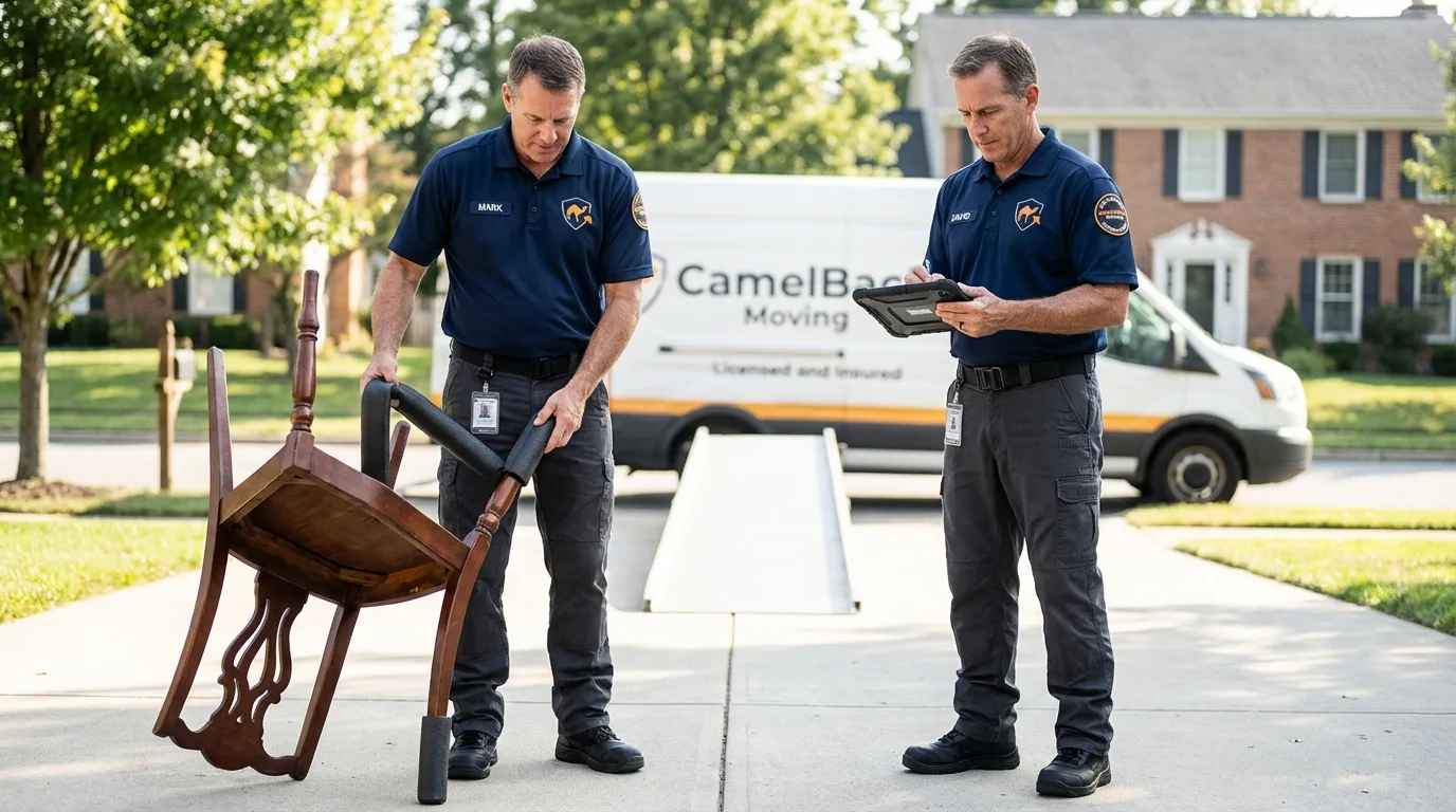 Movers inspecting furniture for damage prevention before loading in La Plata, MO
